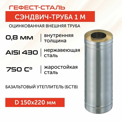 Сэндвич-труба для дымохода 1,0м, 150х220, AISI 430/Оц, 0,8 мм/0,5 мм, (К) фотография