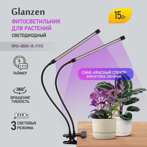 Glanzen фитосветильник RPD-0005-15-fito, 7 см, 1 л, черный фотография