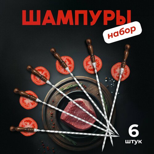 Набор шампуров 6 штук, профессиональные шампуры 60 см, из нержавеющей жаростойкой (ферритная) стали AISI 430 с деревянной ручкой фотография