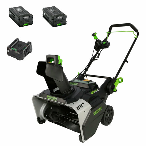 Снегоуборщик аккумуляторный Greenworks GD82STK5II 82V, ширина 56 см, высота захвата 33 см, комплект 2 АКБ 5 Ач + быстрое ЗУ, бесщеточный фотография