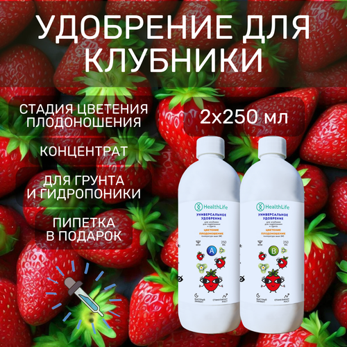 Комплекс HealthLife Удобрение для клубники А+В стадия Цветение Плодоношение(2 по 250 мл) концентрат для гидропоники и грунта увеличивает урожайность фотография