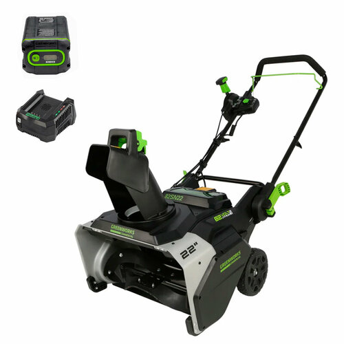 Снегоуборщик аккумуляторный Greenworks GD82STK8 82V, бесщеточный, ширина захвата 56 см, высота захвата 33 см, комплект АКБ 8 Ач + быстрое ЗУ фотография