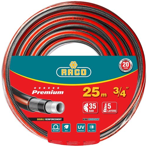 Поливочный шланг RACO PREMIUM 3/4″ 25 м 35 атм пятислойный усиленный двумя слоями армирования фотография